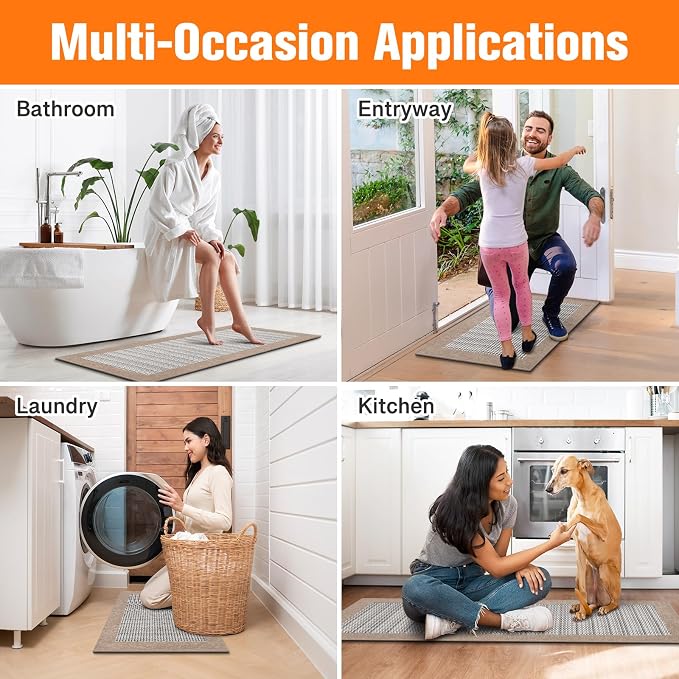 StepRite Kitchen Mats for Floor, Non-Slip Kitchen Rugs Set of 2 PCS, Super Absorbent Washable Kitchen Mats with Rubber Backing, Runner Mats for Front of Sink (20"x32"+20"x72" Khaki)