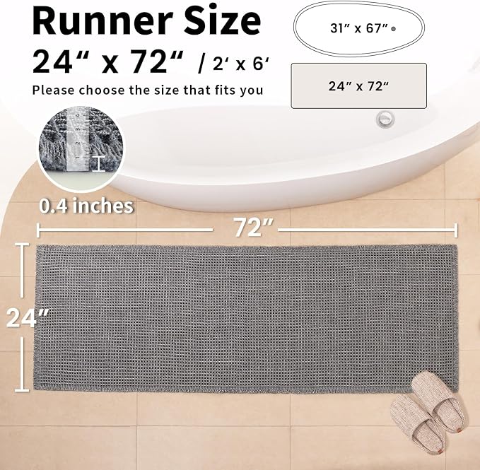 Waffle Runner Bath Mat - Long Boho Bathroom Rugs Non Slip Washable, Super Absorbent & Quick Dry, Soft Bath Mat Farmhouse Bathroom Decor, 24'' x 72'', Dark Grey