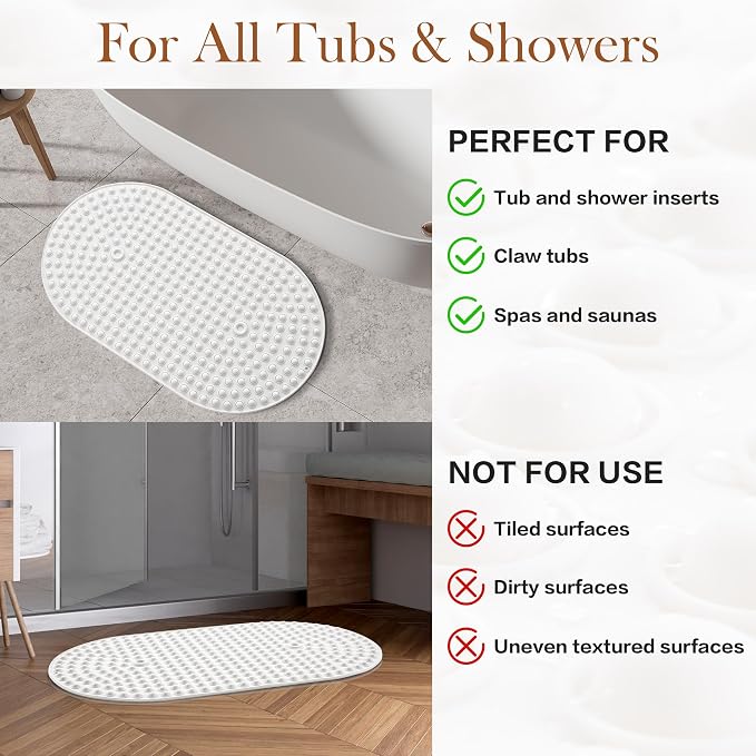Bathtub Mat 27x15 Non Slip - White Silicone Pop It Bath Mat for Tub, Soft Cushioned Shower Mat with Strong Suction Cups, Small Oval for Inside Bathroom, White