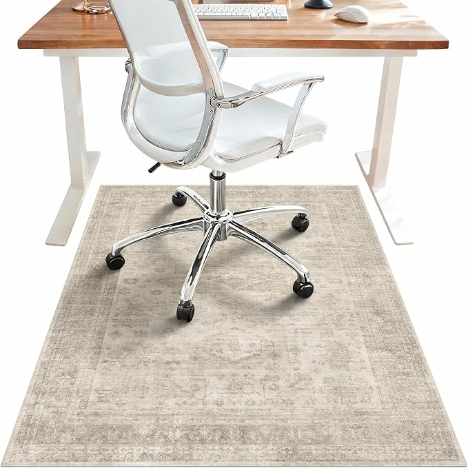 48"x72" Office Chair Mat for Hardwood Tile Floor, Under Desk Carpet Protector for Rolling Computer Chair Mat, Machine Washable Area Rug, Anti-Slip 1/5" Thick Low Pile Thin Vinyl Floor Mat, Ivory
