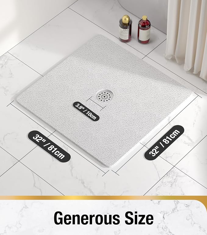 HITSLAM Square Shower Mat, 32 x 32 Inch Non Slip Bath Mat for Tub, Soft PVC Loofah Bathtub Mats with Drain Holes, Quick Drying Bathroom Stall Floor Mat, Bathroom Accessories Without Suction Cup, White