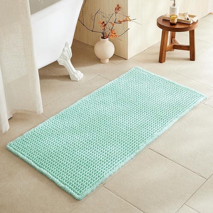 TYUU Waffle Bath Mat, Boho Bathroom Rugs Non Slip Washable Super Absorbent Quick Dry Cute Bath Mat Farmhouse Bathroom Decor, 48"x24" Aqua Blue