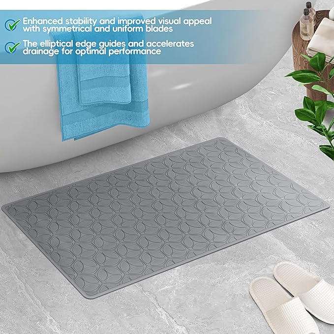 Bathtub Mat Non Slip with Suction Cups - 100% Rubber Bathroom Mat Textured for Bath Tub Shower Safety - Soft on Touch - BPA/PVC Free - Pet Dog Bath Mat - Machine Washable - 17 × 35 Inch（Gray）