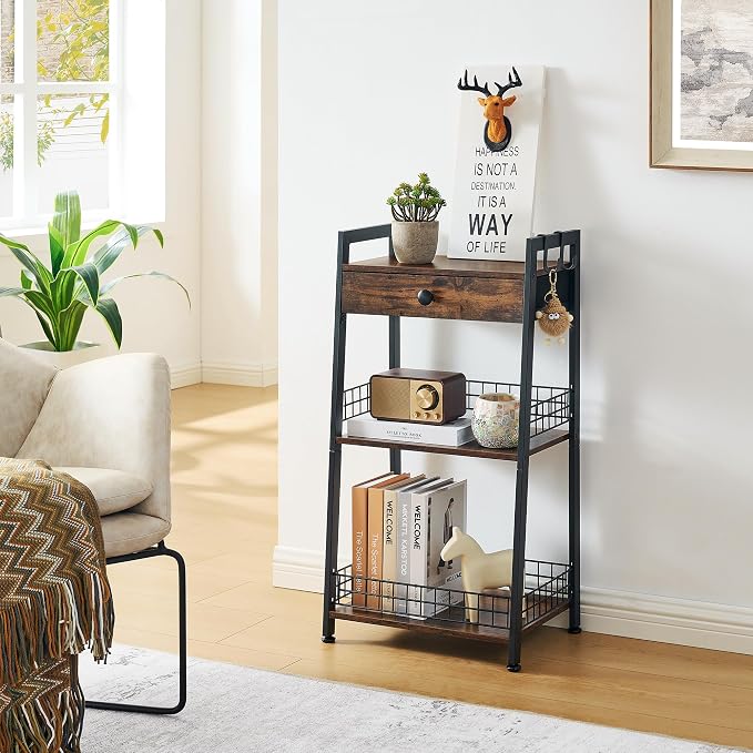Gewudraw 3-Tier Ladder Shelf with Drawer, Bathroom Table Stand for Small Space, Bathroom Standing Shelves with Storage for Living Room Bedroom Kitchen, Organizer Shelf, Rustic Brown