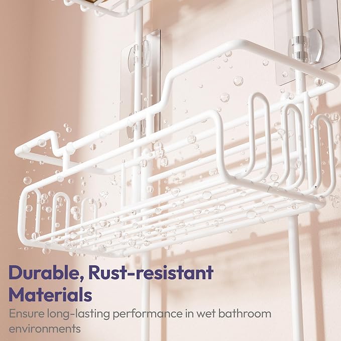 SWTYMIKI Bathroom Shower Caddy Hanging - 3 Tier Rustproof Over Shower Head Organizer, No Drilling Bathroom Shelf with 16 Hooks & Soap Holder, Anti-Swing Rack for Shampoo,Sponge,Towel, White, Medium
