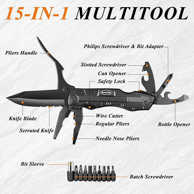 RoverTac Pocket Knife, 15-in-1 Multitool with Pliers, Bottle & Can Opener, 9 Screwdriver Bits, Locking Mechanism & Nylon Sheath - EDC Multi Tool for Camping, Hiking & DIY, Gift for Men & Dad