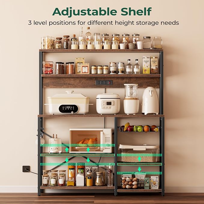 SUPERJARE Bakers Rack with Power Outlet, 47.2 Inches Coffee Bar with 3 Level-Adjustable Open Shelves, Wire Basket, Kitchen Microwave Stand with 6 S-Shaped Hooks, Rustic Brown