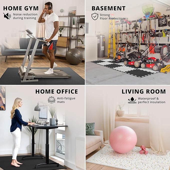 bemaxx Gym Mats Set - 54 pcs EVA Interlocking Foam Floor Tiles (12.6"x12.6"x0.4") 54sqft Protective Gym Flooring Sports Home Workout Exercise Mats Puzzle Garage Fitness Play-Room Pool Treadmill Bike