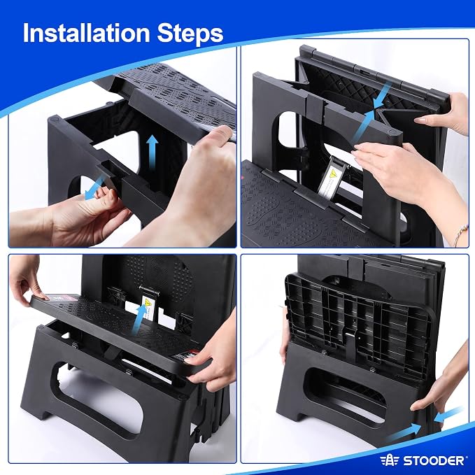 Folding Step Stool, 2-Step 8" 17", Non-Slip, 300lb Capacity | No Assembly, Stable A-Frame, Safety Lock, Anti-Slip Rubber Feet, Collapsible Stool for Kitchen Bathroom Bed RV Offic Garden