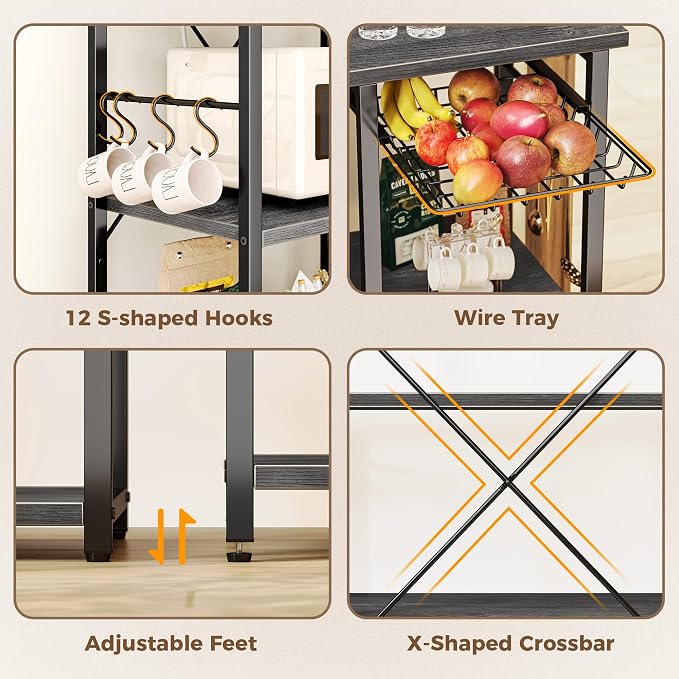 SUPERJARE Larger Bakers Rack with Power Outlets, 6-Tier Microwave Stand, Coffee Bar with 12 S-Shaped Hooks, Kitchen Shelf with Wire Basket, 47.2 x 15.5X 66.9 Inches, Grey