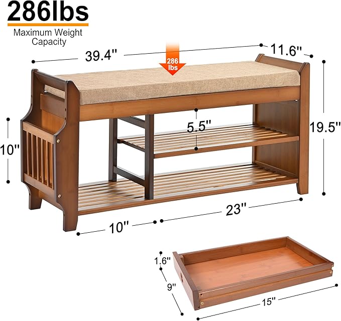 PETKABOO Shoe Bench with Hidden Drawer and Side Holder, 2 Tier Entryway Bench with Storage 39.4 in, Bamboo Shoe Rack with Cushion for Entryway Hallway Living Room Bedroom