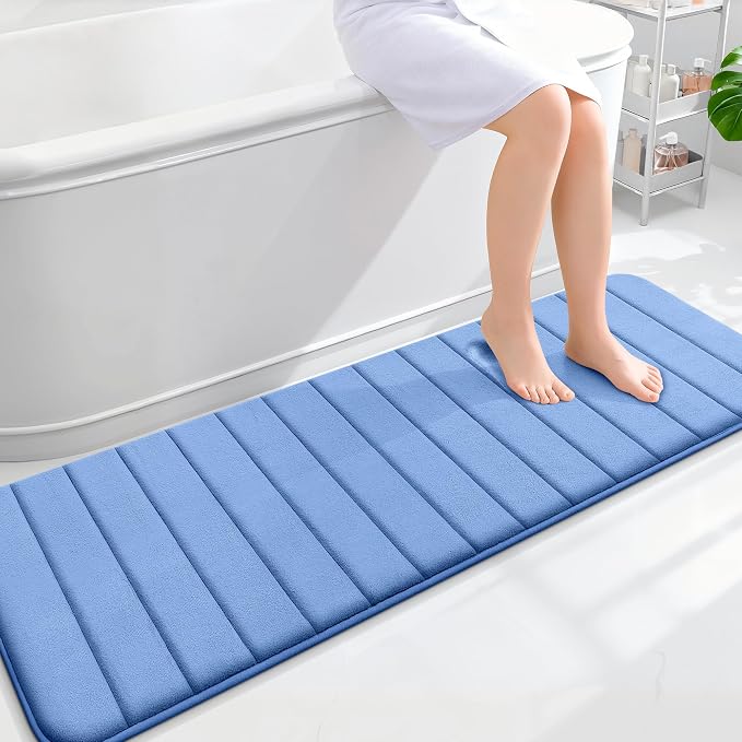 OLANLY Memory Foam Long Bathroom Rugs Runner 59x20, Super Soft Absorbent Bath Mat, Quick Dry, Machine Washable Shower Rugs, Bathmat Carpet, Bathroom Home Decor Accessories, Cornflower Blue
