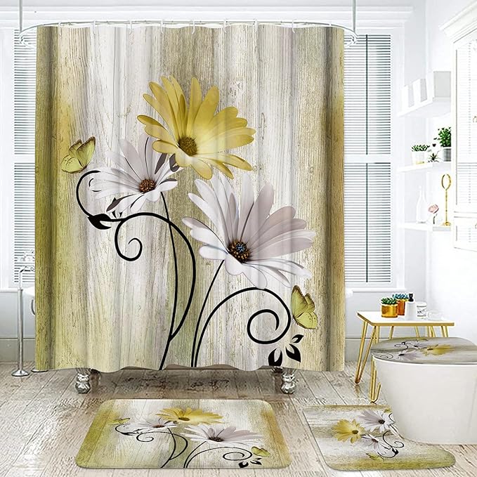 Onalasyc 4PCS Yellow Daisy Flowers Butterfly Shower Curtain Set with Shower Curtain and Carpet and Accessories, Waterproof Bathroom Shower Curtain Decorative Set with 12 pcs Hooks,71 x 71in