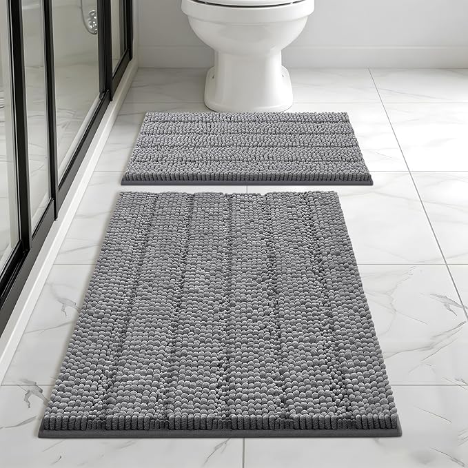 Bcoimo Bathroom Rug Set, Chenille Bath Mat Set with High Low Pile Design, Soft Absorbent Non Slip Bathroom Rugs, Machine Washable Quick Dry Mats for Shower, Tub, Sink and Vanity