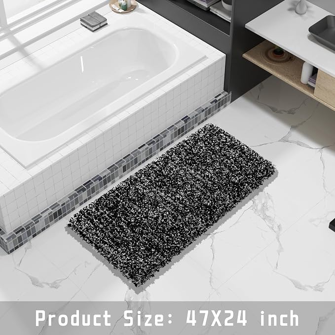 Yimobra Luxury Bathroom Rugs, Fluffy Bath Mats, Non Slip, Water Absorbent Microfiber, Machine Washable, Plush Runner Shower Rugs, Thick Matts for Bathroom Floor&Tub, 47" X 24", Black and White