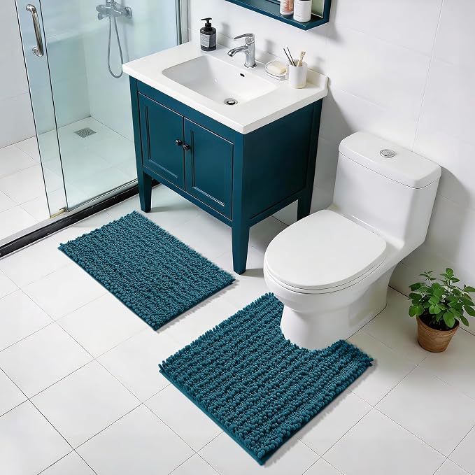 Yimobra Bathroom Rugs Non Slip Washable - Ultra Soft Absorbent Chenille Bath Mat, Quick Dry Shaggy Floor Carpet for Tub Shower, Rustic Turquoise Home Decor Accessories, 24x17 Inch