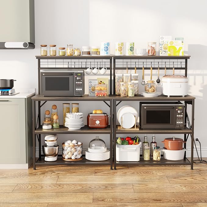 Furologee Kitchen Bakers Rack with Power Outlet,Coffee Stand with Storage 4 Tiers,Coffee Bar Station with a 31.5 Inch Larger Desktop and 8 S Hooks,Kitchen Microwave Rack for Spices,Pots,Black Oak