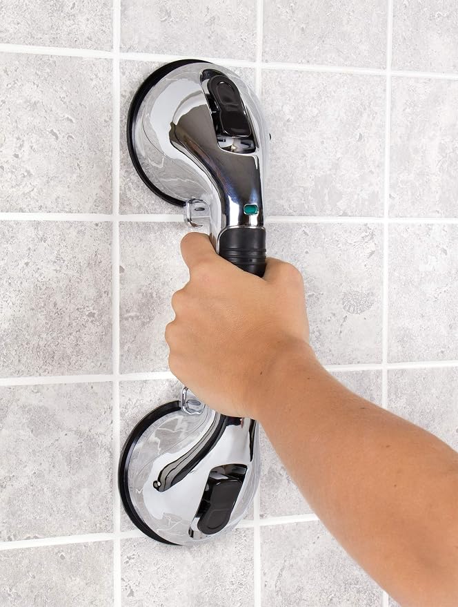 CAREX Ultra Grip Shower Grab Bar - Shower Handle and Bathroom Bar - 12 Inch Safety Bar With Dual Locking Suction Cups For Bathtubs and Showers, Chrome
