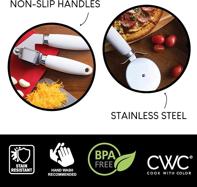 COOK WITH COLOR Kitchen Gadget Set Stainless Steel Utensils with Soft Touch Handles, 7 Pieces, Stainless Steel White