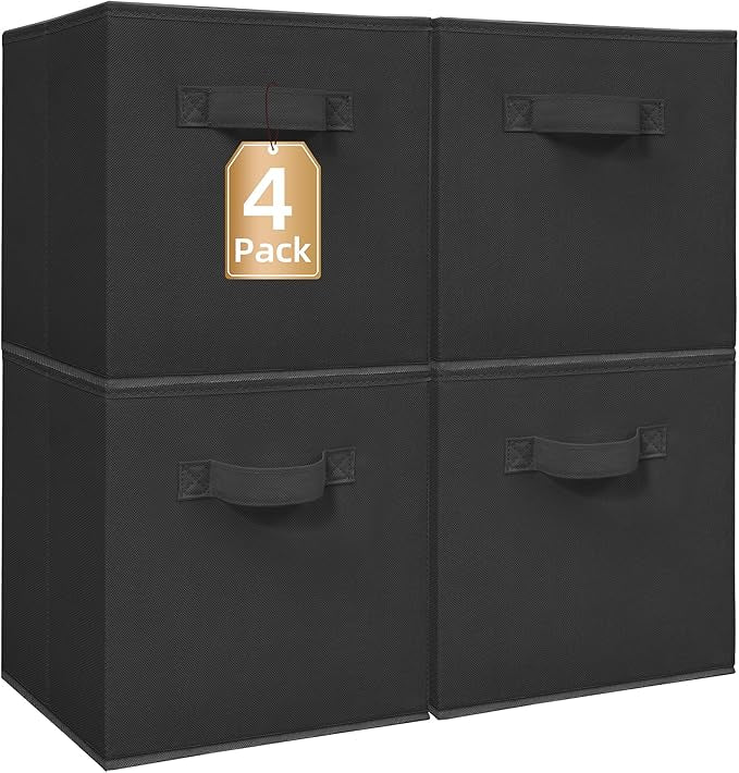 STORAGE MANIAC Storage Cubes, 11 Inch Collapsible Storage Bins with Handles, 4 Pack Fabric Foldable Bins for Organization, Durable Storage Bins for Closet, Shelves, Offices, 4-Pack Black