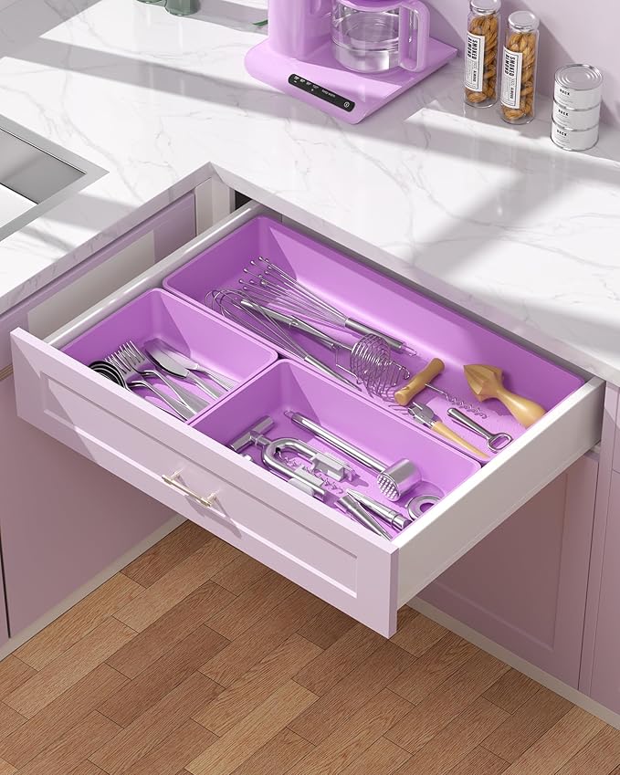 10 Pack Large Size Plastic Drawer Organizers Set, 3 Sizes Desk Drawer Organizer Trays, Storage Bins for Vanity, Makeup, Bathroom, Kitchen Utensils and Office (Purple)