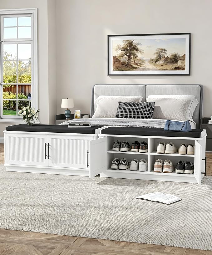 Akxomel Fluted Shoe Storage Bench with Cushion, 39.4" Entryway Bench with Adjustable Shelves and 2 Doors, Shoe Cabinet Bench with Curved Profile, for Hallway, Living Room, Bedroom, White