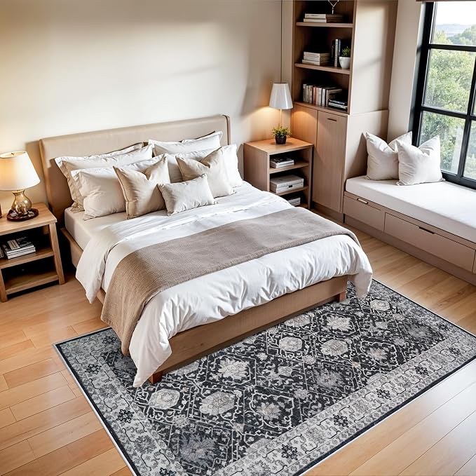 5x7 Living Room Area Rugs: Washable Non-Slip Stain Resistant Rug for Bedroom Dining Room Vintage Ultra Soft Indoor Carpet for Nursery Kitchen Farmhouse Thin Floor Mat for Home Office (5x7 Black)
