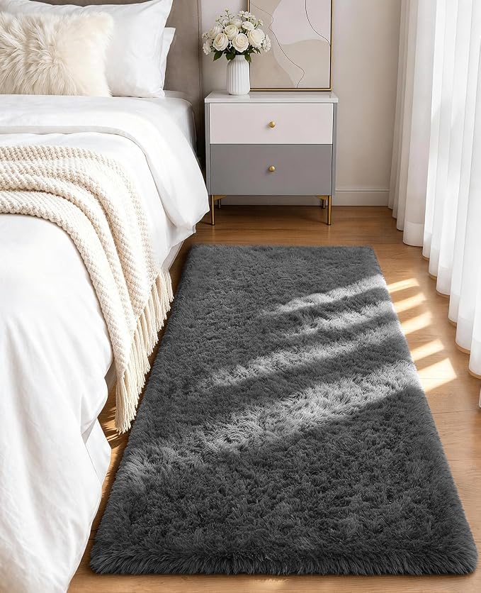 Ophanie Runner Rug for Hallway, 2x5 Upgrade Non-Slip Fluffy Soft Bedside Rugs, Bedroom Living Room Grey Shaggy Gray Carpet for Kids Girls Boys Dorm Nursery Home Decor Aesthetic
