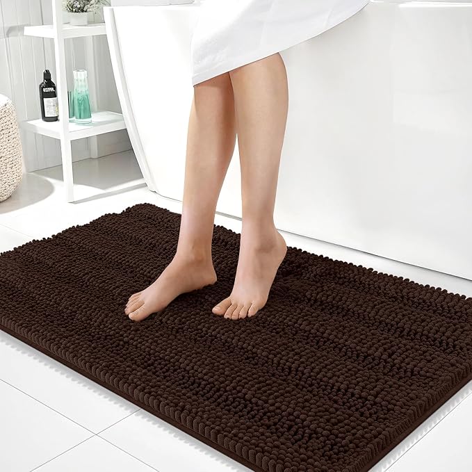 OLANLY Thick Large Bathroom Rugs 40x24, Extra Soft Absorbent Chenille Striped Bath Rugs, Rubber Backing, Machine Wash Dry, Bath Mats for Bathroom Floor, Tub and Shower, Home Decor Accessories, Brown