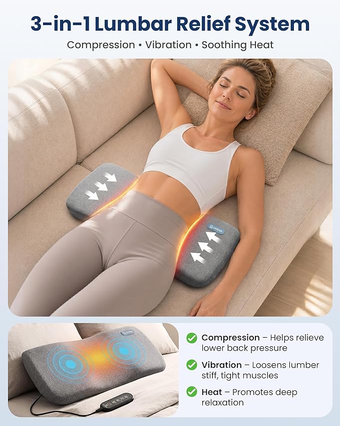 COMFIER 3-in-1 Cordless Lumbar Support Pillow with Remote Control, Smooth Spine Triple Fusion Back Massager with Graphene Heat, Vibration & Stretching, Ergonomic Lower Back Massager