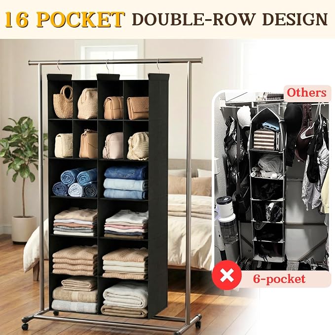 Ofiray-home 6 Tier Hanging Closet Organizer, 16 Compartments Sweater Organizer for Closet with 3 Sturdy Hooks, Closet Organizers and Storage, Wardrobe, Rv, Garment Rack, Black