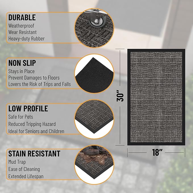 Ottomanson Scraper Doormat – Indoor Outdoor Entry Rug with Rubber Backing & Dirt-Trapping Polyester Pile, Non-Slip Front Door Mat for Mud & Pet Traffic – 18" x 30", Charcoal