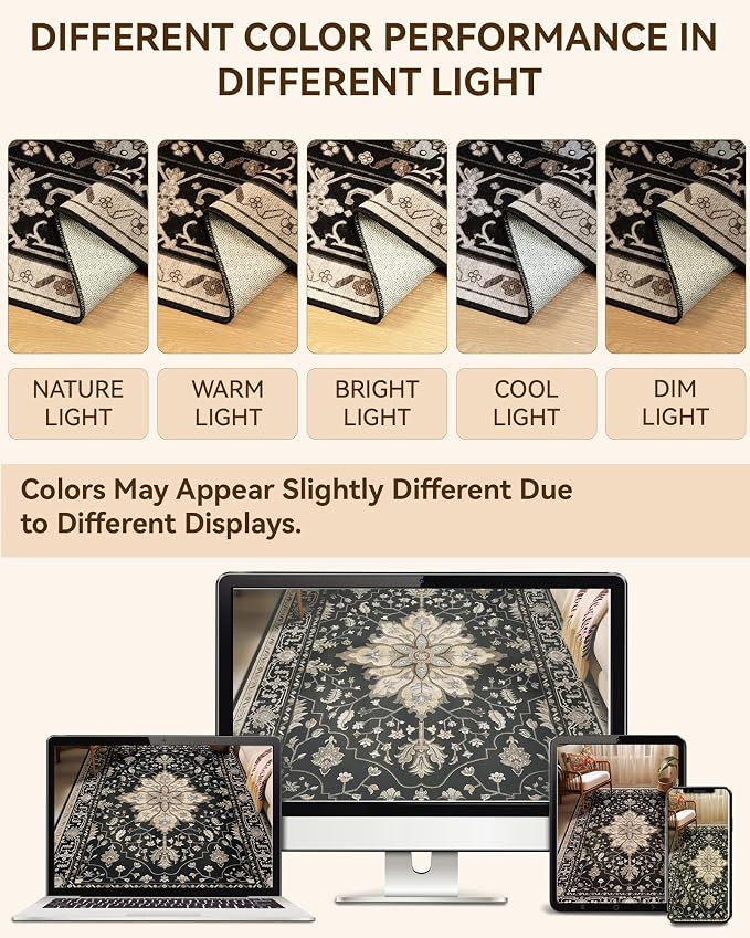 RELEANY Area Rugs Runner 2'x8' Washable Non-Slip, Floral Vintage Distress Medallion Carpet for Kitchen Hallway Bedroom Beside Laundry Room Bathroom, Black Brown Neutral Dark Tan