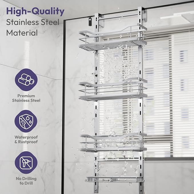 SWTYMIKI Over the Door Shower Caddy - 4 Tier Adjustable Shower Organizer Hanging with Soap Holder, No Drilling Stainless Steel Bathroom Rack Hanging for Body Wash, Shampoo, Soap, Razor, Silver
