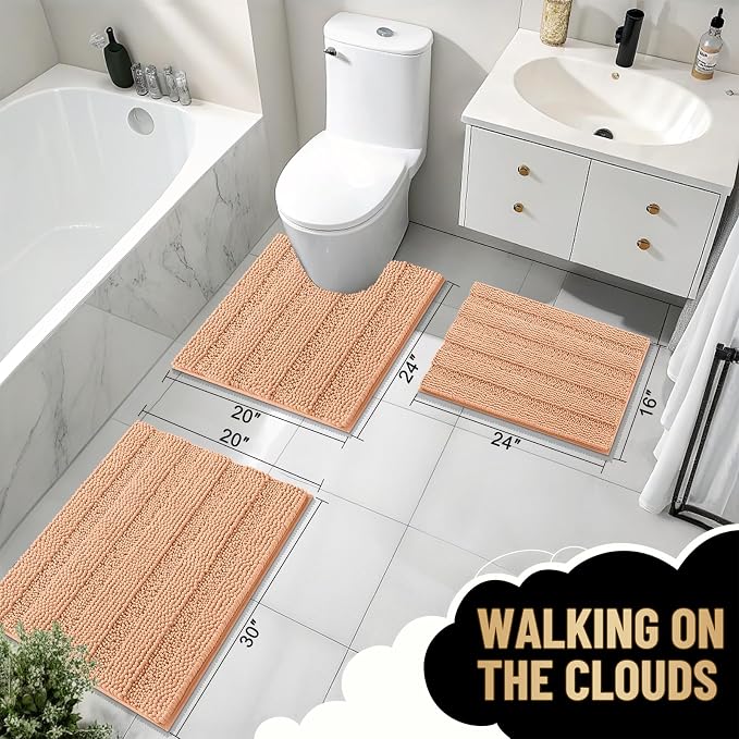 OLANLY Thick Small Bathroom Rugs 24x16, Extra Soft Absorbent Chenille Striped Bath Rugs, Rubber Backing, Machine Wash, Bath Mats for Bathroom Floor, Tub and Shower, Home Decor Accessories, Peach