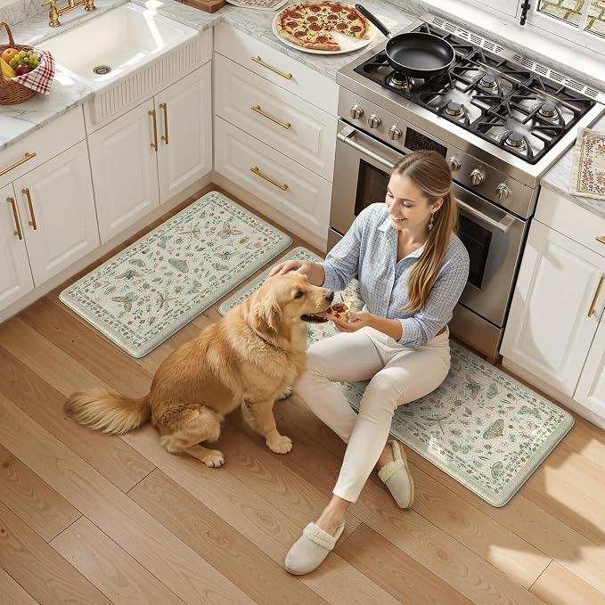 LEEVAN Anti Fatigue Mats for Kitchen Floor Non-Slip, Cushioned Kitchen Mats for Floor 20''x31''+20''x47'', Tan Memory Foam Kitchen Mat Sets