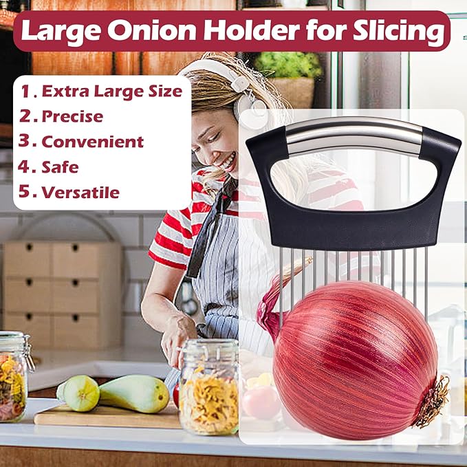 JAYVAR Extra-Large Onion Holder for Slicing, 304 Stainless Steel Large Onion Slicer with 14 Long Needles, Onions Cutter Vegetable Chopper, Tomato Cutter Slicer, Kitchen Gadgets for Evenly Slicing