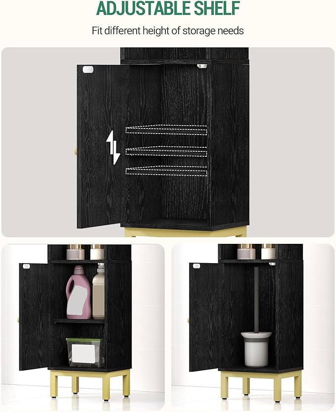 Hzuaneri Bathroom Storage Cabinet, Small Corner Floor Cabinet with Door and Shelves, Narrow Toilet Paper Holder, Bathroom Organizer with Adjustable Shelf, for Small Spaces, Black BC38204GV1