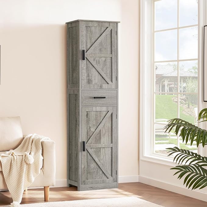 TEENFON Tall Bathroom Cabinet, Storage Cabinet with 6 Shelves & Drawer, Bathroom Storage Cabinet with Adjustable Shelves, Tall Cabinet for Living Room, Home Office, Grey