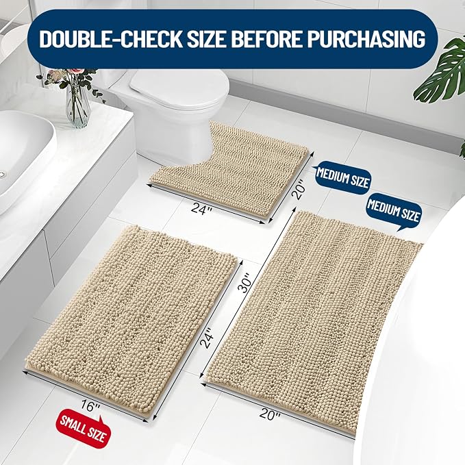 Grandaily Chenille Striped Bathroom Rugs 70x24, Extra Thick and Absorbent Bath Mats, Non-Slip Soft Plush Shaggy Shower Carpet, Machine Wash Dry, Bath Rug for Bathroom, Beige