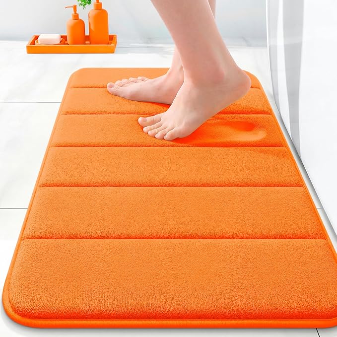 OLANLY Memory Foam Bath Mat 35x16, Super Soft Absorbent Bathroom Rugs, Quick Dry, Machine Washable Shower Floor Rugs, Bathmat Carpet, Bathroom Home Decor Accessories, Orange