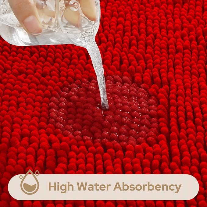 HOMEIDEAS 3 Pieces Bathroom Rugs, Ultra Soft Non Slip Absorbent Chenille Toilet Bath Mat Set (Red)