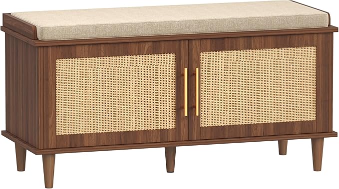 Akxomel Rattan Shoe Storage Bench with Cushion, 2-Tier Entryway Bench with Adjustable Shelves and 2 Doors, 15" D x 39.4" W x 20" H, Solid Wood Legs, for Hallway, Living Room, Bedroom, Walnut