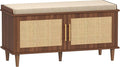 Akxomel Rattan Shoe Storage Bench with Cushion, 2-Tier Entryway Bench with Adjustable Shelves and 2 Doors, 15" D x 39.4" W x 20" H, Solid Wood Legs, for Hallway, Living Room, Bedroom, Walnut