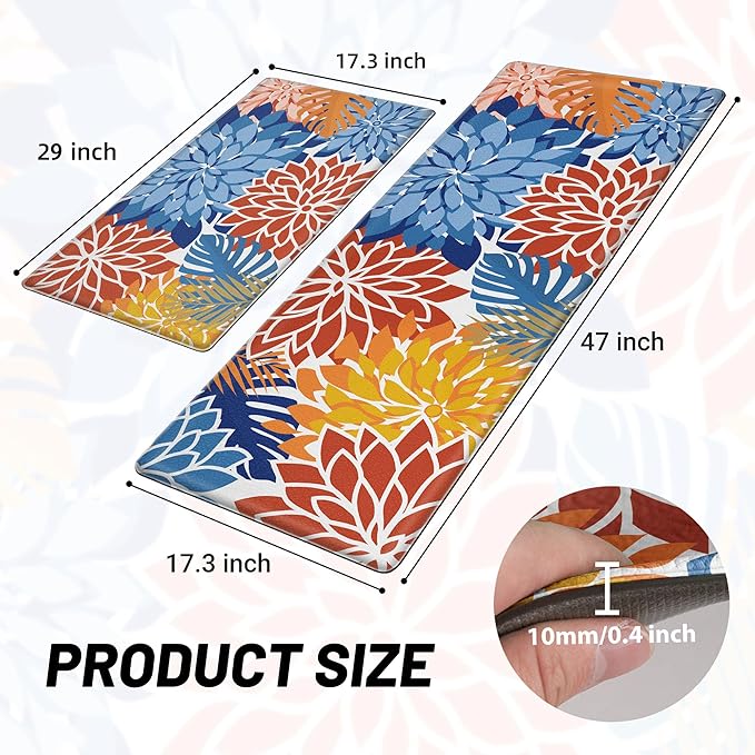Arenarug Kitchen Mats for Floor 2PCS Cushioned Anti Fatigue Kitchen Mats Waterproof Non Slip Kitchen Mat Rug Set Comfort Foam Standing Mat for Sink, Laundry, Office,17.3" x 28" + 17.3" x 47", Red Blue