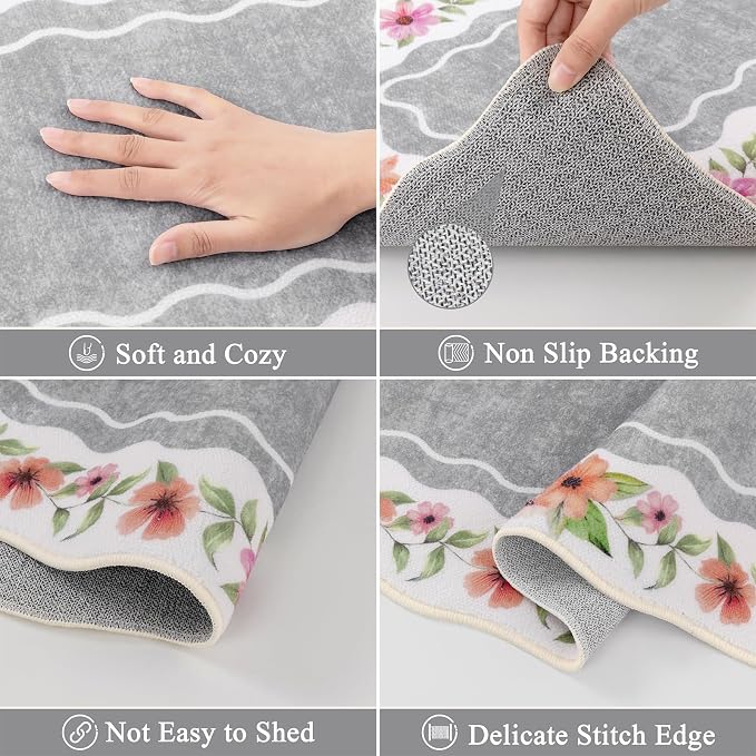 Vaukki Boho Kitchen Rug Sets 3 Pieces, Washable Kitchen Mats for Floor, Non Slip Soft Kitchen Area Rug Floor Mat for Kitchen, Laundry Room and Hallway (Flower-Grey, 20''x32''+20''x47''+20''x59'')