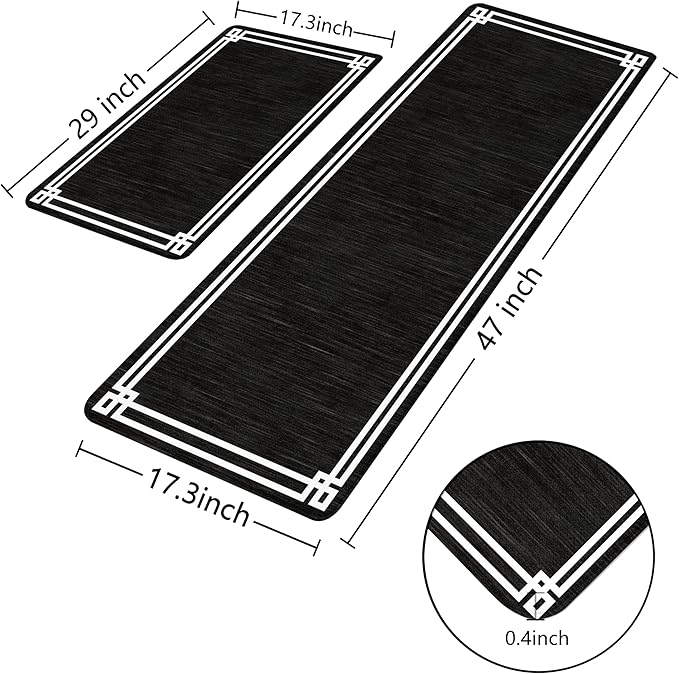 Black Retro Elegance Frame Textured Kitchen Rug Sets [2 PCs], Anti-Fatigue, Waterproof Non-Slip Kitchen Mats Heavy Duty Comfort Foam Rug for Kitchen, Floor, Laundry,17"x29"+17"x47"