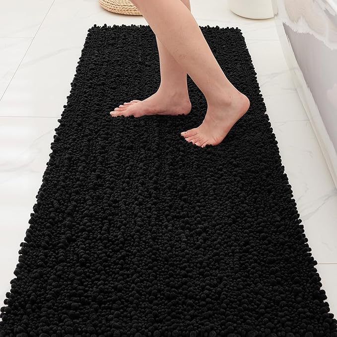 Bathroom Rugs Non Slip Washable 70x24, Extra Thick Soft Chenille Absorbent Bath Mat, High Density Barrier Non Slip Backing, Quick Dry Plush Shaggy Floor Carpet for Tub&Shower, Black