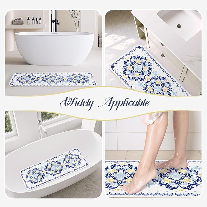 SHUCHING Blue Bath Mat for Tub Non Slip-40 X 16Inch, Boho Bathtub Mat Anti Slip, Long Shower Mat for Bathroom Mold Free, Machine Washable