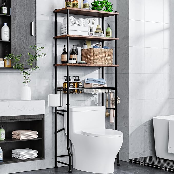 Over-The-Toilet Storage Shelf,4-Tier Bathroom Organizer Cabinet Rack And Storage Over Toilet With Shelf Waterproof Feet Pad And Basket,Multifunctional Space Saver Freestanding Bathroom Shelves（Brown）